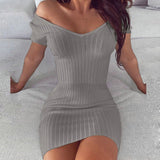 Women Dress Sets Fashion Slash Neck Striped Knitted Ladies Dresses 2020 Spring Summer Long Sleeve Slim Fit Bodycon Party Dress