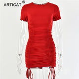 Articat White Ruched Pleated Bodycon Dress Women Drawstring Short Sleeve Mini Party Dress Solid Basic Skinny Casual Dress Short