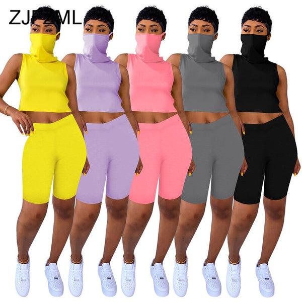 Neon Yellow Pink Two Piece Set Tracksuit For Women Mask High Necked Sleeveless Crop Top And Biker Short Sweatsuit Matching Suits