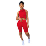 Neon Yellow Pink Two Piece Set Tracksuit For Women Mask High Necked Sleeveless Crop Top And Biker Short Sweatsuit Matching Suits