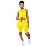 Neon Yellow Pink Two Piece Set Tracksuit For Women Mask High Necked Sleeveless Crop Top And Biker Short Sweatsuit Matching Suits