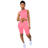 Neon Yellow Pink Two Piece Set Tracksuit For Women Mask High Necked Sleeveless Crop Top And Biker Short Sweatsuit Matching Suits