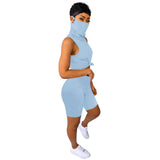 Neon Yellow Pink Two Piece Set Tracksuit For Women Mask High Necked Sleeveless Crop Top And Biker Short Sweatsuit Matching Suits