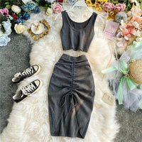 2020 Summer Women 2pcs Set Black/Red Vintage Round Neck Knitted Short Tops + Drawstring Bodycon Skirt Female Two Piece Set New