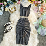 2020 Summer Women 2pcs Set Black/Red Vintage Round Neck Knitted Short Tops + Drawstring Bodycon Skirt Female Two Piece Set New