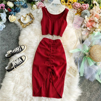 2020 Summer Women 2pcs Set Black/Red Vintage Round Neck Knitted Short Tops + Drawstring Bodycon Skirt Female Two Piece Set New