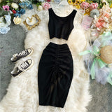 2020 Summer Women 2pcs Set Black/Red Vintage Round Neck Knitted Short Tops + Drawstring Bodycon Skirt Female Two Piece Set New
