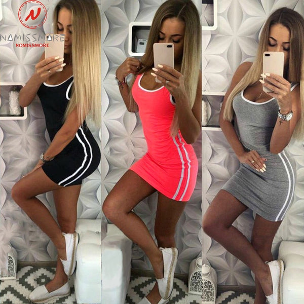Women Casual Sport Dress Patchwork Design Side Stripe Decor O-Neck Slim Mini Sportswear Tennis Mini Dress