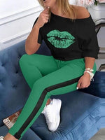 Two Piece Set Tracksuit Women Boat Anchor Print Plus Size 2 Piece Set Top And Pants Femme Clothes Elastic Waist Long Pants Set