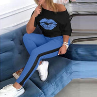 Two Piece Set Tracksuit Women Boat Anchor Print Plus Size 2 Piece Set Top And Pants Femme Clothes Elastic Waist Long Pants Set