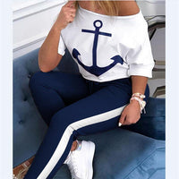 Two Piece Set Tracksuit Women Boat Anchor Print Plus Size 2 Piece Set Top And Pants Femme Clothes Elastic Waist Long Pants Set