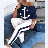 Two Piece Set Tracksuit Women Boat Anchor Print Plus Size 2 Piece Set Top And Pants Femme Clothes Elastic Waist Long Pants Set