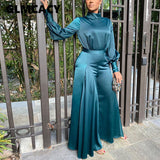 Women Satin Long Sleeve Tunic Jumpsuit Classy Wide Leg Overalls Elegant Evening Party Jumpsuit OL Workwear