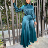 Women Satin Long Sleeve Tunic Jumpsuit Classy Wide Leg Overalls Elegant Evening Party Jumpsuit OL Workwear