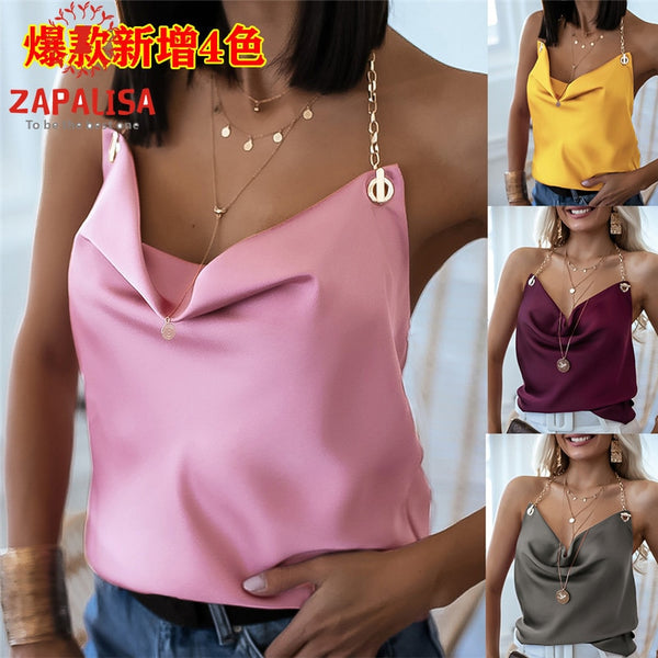 Sexy Women Summer V-Neck Camis Top for Streetwear Corn Decor Chain Halter Sleeveless Backless Solid Color Slim Pullovers Top