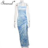 Simenual Tie Dye Drawstring Side Slit Women Maxi Dresses Strap Sleeveless Party Club Fashion Slim Backelss Bodycon Halter Dress
