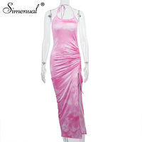 Simenual Tie Dye Drawstring Side Slit Women Maxi Dresses Strap Sleeveless Party Club Fashion Slim Backelss Bodycon Halter Dress