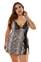 CyiExi Plus Size Female Nightgown Sets Babydoll Woman Lace Stitching Snake Print Lingerie Dress + Thong 2 Pcs Big Size Sleepwear