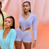 Sexy Solid Fitness Tracksuit Women Lounge Wear Cap Irregular Crop Top with Biker Shorts Bodycon Two Piece Set Women Outfits