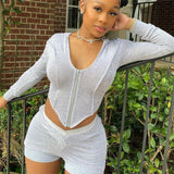 Sexy Solid Fitness Tracksuit Women Lounge Wear Cap Irregular Crop Top with Biker Shorts Bodycon Two Piece Set Women Outfits