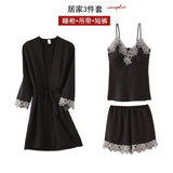 5PC Silk Robe Sleep Suit Womens Lace Satin Pajamas Gown Set V-Neck Cami Nighties Wear Pijama Home Nightwear Spring Nightdress