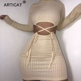 Articat Ribbed Hollow Out O Neck Drawstring Dress For Women Solid Long Sleeve Mini Dresses Skinny Partywear Female Vestidos