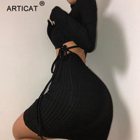 Articat Ribbed Hollow Out O Neck Drawstring Dress For Women Solid Long Sleeve Mini Dresses Skinny Partywear Female Vestidos