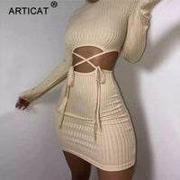 Articat Ribbed Hollow Out O Neck Drawstring Dress For Women Solid Long Sleeve Mini Dresses Skinny Partywear Female Vestidos
