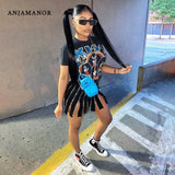 ANJAMANOR Womens Fashion Short Sleeve T Shirt Dress Gothic Punk Cartoon Print Zip Slit Casual Mini Dresses Streetwear D60-EG39