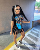 ANJAMANOR Womens Fashion Short Sleeve T Shirt Dress Gothic Punk Cartoon Print Zip Slit Casual Mini Dresses Streetwear D60-EG39