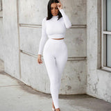 Casual Two Piece Set Long Sleeve Crop Tops Leggings Women Outfit Solid Black White Grey 2 Piece Outfits for Women Sweat Suit