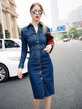 WEPBEL Denim Dress Women Long Sleeved Casual Lapel Collar Elegant Solid Color High Waist Knee-Length Dress Single Breasted Jeans