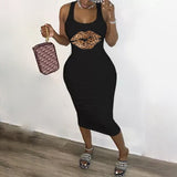 New Summer Fashion Leopard Lips Sleeveless S-5XL Plus Size Dress Sexy Casual Basic Midi Dress Club Bodycon Tight Dresses Women