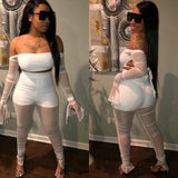 HAOYUAN Sexy Ruched Mesh Sheer Two Piece Set Jumpsuit Women Fall Off Shoulder Long Sleeve Crop Top Stacked Leggings Club Outfits