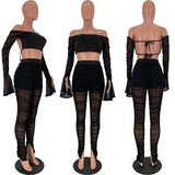 HAOYUAN Sexy Ruched Mesh Sheer Two Piece Set Jumpsuit Women Fall Off Shoulder Long Sleeve Crop Top Stacked Leggings Club Outfits