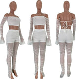 HAOYUAN Sexy Ruched Mesh Sheer Two Piece Set Jumpsuit Women Fall Off Shoulder Long Sleeve Crop Top Stacked Leggings Club Outfits