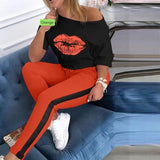 Two Piece Set Tracksuit Women Boat Anchor Print Plus Size 2 Piece Set Top And Pants Femme Clothes Elastic Waist Long Pants Set