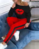 Two Piece Set Tracksuit Women Boat Anchor Print Plus Size 2 Piece Set Top And Pants Femme Clothes Elastic Waist Long Pants Set