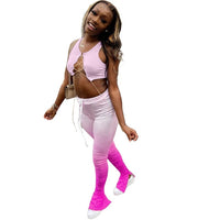 HAOYUAN Sexy Two Piece Set Jumpsuit Fall Clothes for Women Metal Chain Crop Top and Stacked Leggings Pants Club Birthday Outfits