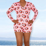 Plus size Women Sleepover rompers US Dollars Ice Cream Print long Sleeve bodysuit jumpsuit  Pink pajama partys XL-5XL