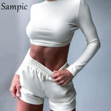 Sampic Summer 2020 Women Beige White Set Long Sleeve Top Shirt And Biker Skinny Shorts Casual Two Piece Set Streetwear Outfits