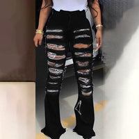 Sexy Ripped jeans Fringe Hollow out Ruffle Flare denim Pants High Waist Bodycon Hole Women Trousers Club Outfits