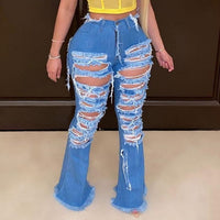 Sexy Ripped jeans Fringe Hollow out Ruffle Flare denim Pants High Waist Bodycon Hole Women Trousers Club Outfits