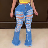 Sexy Ripped jeans Fringe Hollow out Ruffle Flare denim Pants High Waist Bodycon Hole Women Trousers Club Outfits