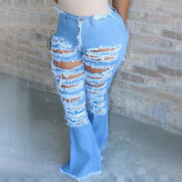 Sexy Ripped jeans Fringe Hollow out Ruffle Flare denim Pants High Waist Bodycon Hole Women Trousers Club Outfits