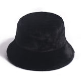 FOXMOTHER Winter Outdoor Vacation Lady Panama Black Solid Thickened Soft Warm Fishing Cap Faux Fur Rabbit Bucket Hat For Women