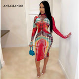 ANJAMANOR Polka Dot Print Long Sleeve Midi Dresses 2020 Fall Clothing Fashion for Women Plus Size Sexy Bodycon Dress D12-BI26