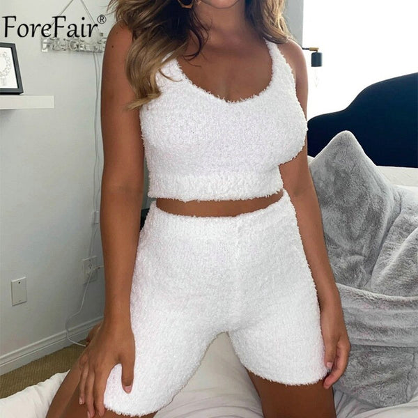 Forefair 2020 Women Set Fur Far Sleeveless Crop Top And Mini Biker Shorts Casual Two Piece Sets Loose Sexy Outfit Party Home