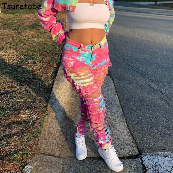 Tsuretobe Tie Dye Ripped Jeans For Women High Waisted Jeans Hollow Out Straight Baggy Jeans Women Clothing Plus Size Fashion