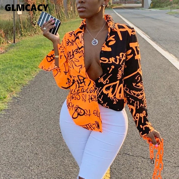 Women Plus Size Letter Printed Gradient Color Turn Down Collar Long Sleeve Blouse Spring Fall Fashion New Trends Top Shirt